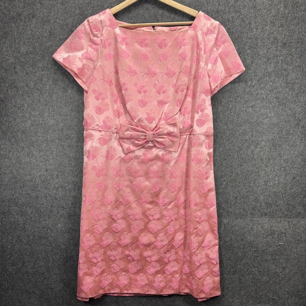 Vintage 60s Shift Dress Pink Floral Brocade Jacquard Bow Front Cocktail Mod GoGo